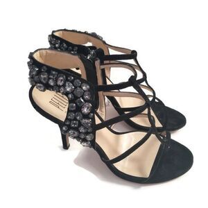 New PELLE MODA | suede heels black shoes t- straps crystals sz 10M